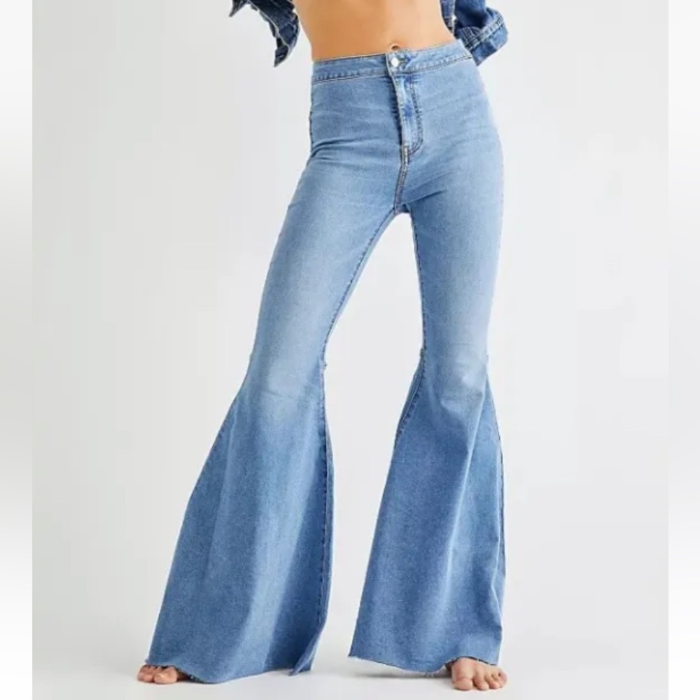 Free People Just Float on Flare Jeans Blue (love Letters) Super Flare Wide NWT